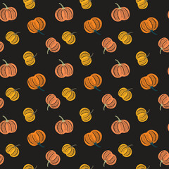 Seamless cute pumpkin vector tossed pattern with halftone shading and shades of orange-green. Fall, autumn mood for kids' clothing, Halloween, bedding, table linen, wrapping paper, home decor, banner