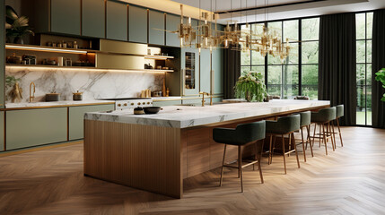 Beautiful modern kitchen with a green marble table