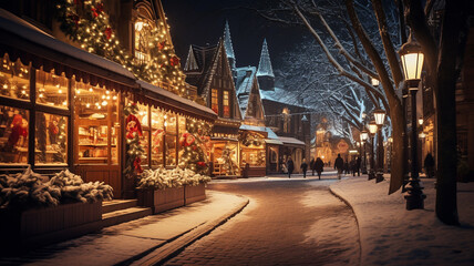 Fototapeta na wymiar Christmas market during winter, festive lights and shop during holiday season