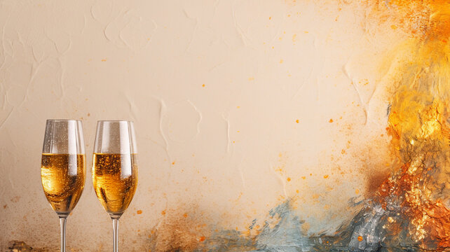 Champagne glasses and bottles, background banner or header for new years eve and holiday celebrations
