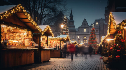 Christmas market during winter, festive lights and shop during holiday season
