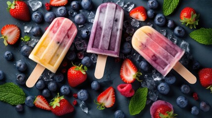 Sweet delicious ice cream popsicle bars frozen with fruit and berries with yogurt on stick