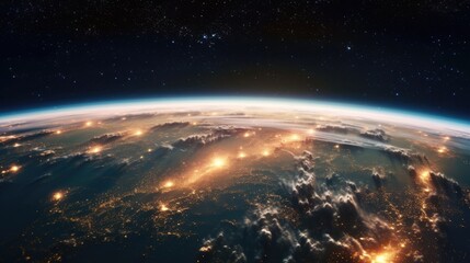 Naklejka premium Night view of planet Earth from space, beautiful background with lights and stars, close up