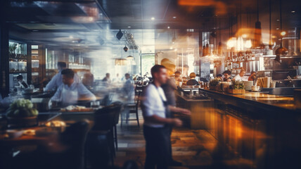Fototapeta na wymiar Restaurant or lunchroom bar, image chefs and customers walking, blurred background