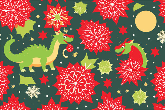 Vector christmas pattern with cartoon 
funny chinese dragon,
snowflake, stars
on a black background. 2024 New Year's fashion
ornament for fabric, paper, textiles.