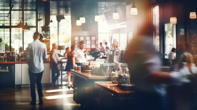 Restaurant or lunchroom bar, image chefs and customers walking, blurred background