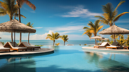 Luxurious all inclusive hotel with swimming pool and lounge, umbrellas near beach and sea with palm trees and blue sky