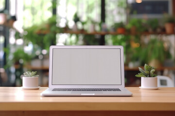 Laptop with blank screen on wooden table in cafe. Mockup image