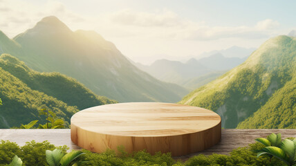 Wooden podium or stage for product display and promotion, green nature tropical rainforest backdrop with mountains