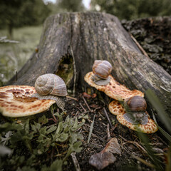 Family of snails on mushrooms near a tree stump