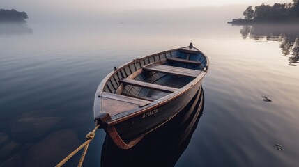 Lonely boat on a lake on foggy morning - obrazy, fototapety, plakaty