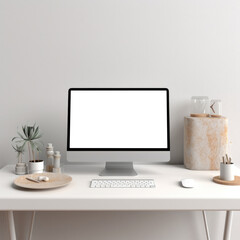 Fototapeta premium Modern personal computer with a blank white screen, keyboard, and office accessories on desk at workplace of graphic designer, blogger. Electronic devices, technology, and creativity