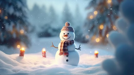 Christmas and new year background. Christmas decoration with a cute cheerful snowman in the snow in a winter park with beautiful bokeh. Wallpaper background for ads or web design