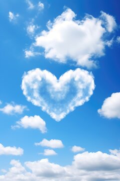 Heart shaped cloud on bright blue sky and white clouds. AI Generated