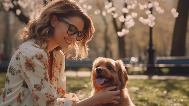 Photo of an attractive woman with glasses, cuddles and pets dog with smile, expresses love, enjoys outdoors atmosphere