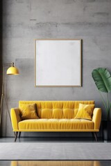 Mock up poster with yellow sofa, plant and wooden frame