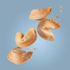 Japanese fortune cookies, with crumbs, on a blue background, flying food, photo