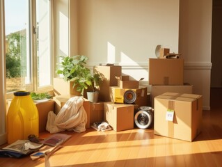 Move concept. Cardboard boxes and cleaning things for moving into a new home. Cardboard boxe background.