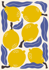 Modern botanical print with lemons. Colorful vector illustration for poster, wallpaper, background, postcard. Fashionable print for t-shirt