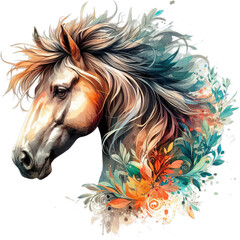 Obraz na płótnie Canvas Horse in Full Bloom: Watercolor Floral Illustration, Transparent PNG