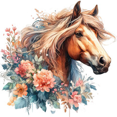 Horse in Full Bloom: Watercolor Floral Illustration, Transparent PNG