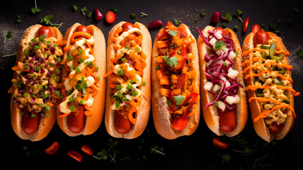 hot dog with fresh vegetables. hot dog with mustard and hot dogs. fast food