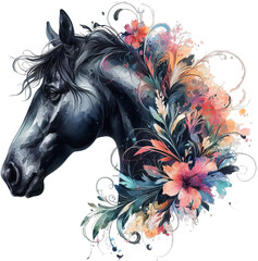 Nature's Harmony: Watercolor Horse with Botanical Accents