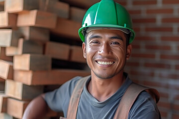Latin young construction worker man, construction material background, professional - obrazy, fototapety, plakaty