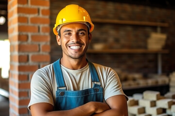 Smiling latin construction worker man, construction material background, professional - obrazy, fototapety, plakaty