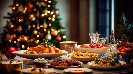 Fototapeta premium festive table with christmas decoration, champagne and cookies, new year eve