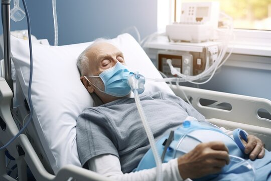 hospital bed with oxygen and an older man sleeping with a ventilator