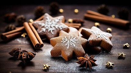 Christmas gingerbread cookies and spices on wooden background.