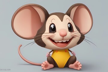Cute cartoon mouse on a gray background. 3d rendering.