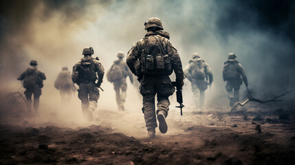 Obraz na płótnie Canvas Soldiers with Rifles Advancing through Smoke