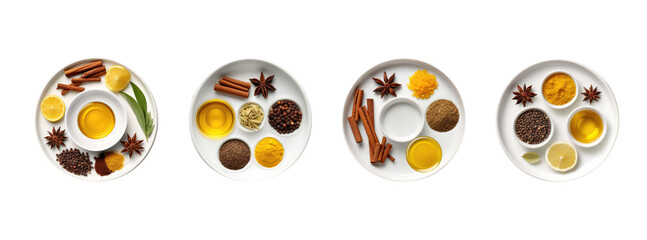 set of kitchen spices in a white plate. isolated on white background PNG.