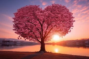 Fototapeta na wymiar Red Heart Shaped Tree on sunset. AI Generated