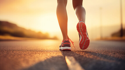 Runner feet running on road closeup on shoe. woman fitness sunrise jog workout welness concept. - obrazy, fototapety, plakaty