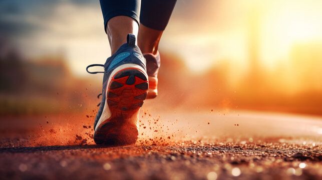 Runner Woman Feet Running On Road Closeup On Shoe. Female Fitness Model Sunrise Jog Workout. Sports Healthy Lifestyle Concept.