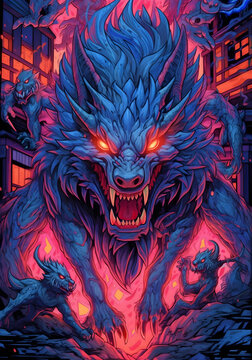 A wolf's monster is in flames. A poster depicts a wolf's monster with luminous eyes in flames and an angry pose.