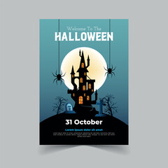 Halloween Party Invitation with Horror House Full Moon Party Trick or Treat Flyer Template Vector Illustration for Fun Halloween Party Invitation Card