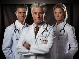 Three doctors in white coats, pens in pockets, in the hospital, in white light style, soft, logo, softbox lighting, marbleized