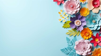 top view of colorful paper cut flowers with green leaves on blue background with copy space, generative ai 

