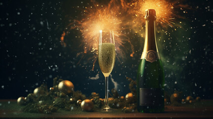 Coupe de champagne et bouteille, célébration et fête. Ambiance festive, nouvel an, anniversaire. Pour conception et création graphique.