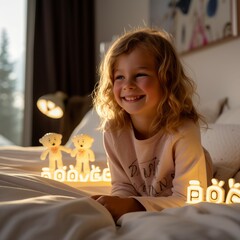 A Child's Name Illuminated in Toy Blocks - obrazy, fototapety, plakaty