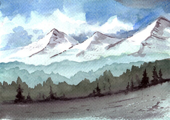 Watercolor drawing depicting mountains and pine trees.
