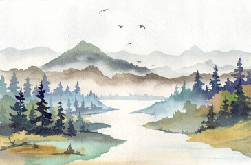 Watercolor drawing depicting mountains and pine trees.
