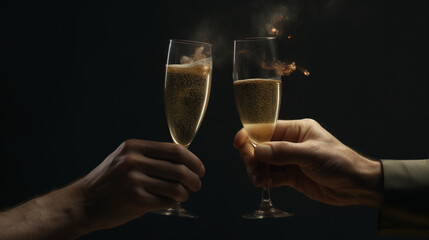 Trinquer avec des coupes de champagne et bouteille, célébration et fête. Mains, humains. Ambiance festive, nouvel an, anniversaire. Pour conception et création graphique.