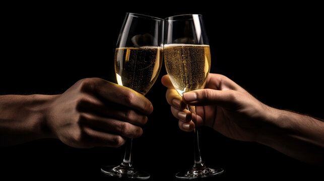 Trinquer avec des coupes de champagne et bouteille, c&eacute;l&eacute;bration et f&ecirc;te. Mains, humains. Ambiance festive, nouvel an, anniversaire. Pour conception et cr&eacute;ation graphique.