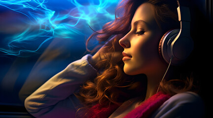 Uma linda mulher com fone de ouvidos relaxando com um fundo de moderno de luzes - obrazy, fototapety, plakaty