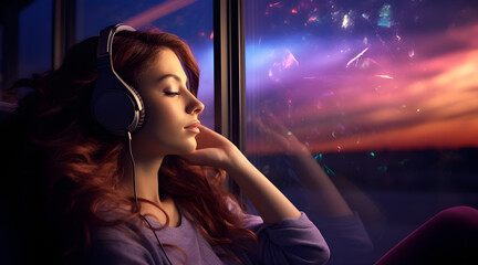 Uma linda mulher de olhos fechados relaxando com fones de ouvido em frente uma janela - obrazy, fototapety, plakaty